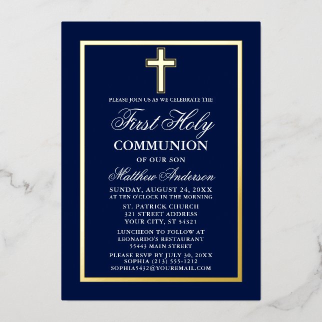 Invitation En Aluminium Première Sainte Communion Croix Marine Or Bleu (Recto)