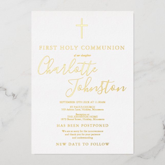 Invitation En Aluminium Première sainte communion d'or reportée (Recto)