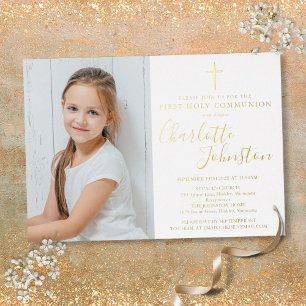 Invitation En Aluminium Première Sainte Communion Écriture Dorée Photo