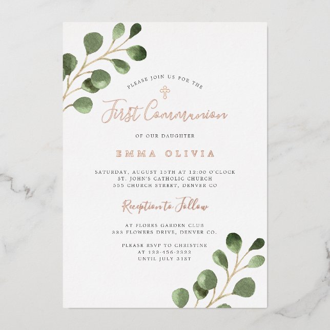 Invitation En Aluminium Première Sainte Communion eucalyptus élégant rose  (Recto)
