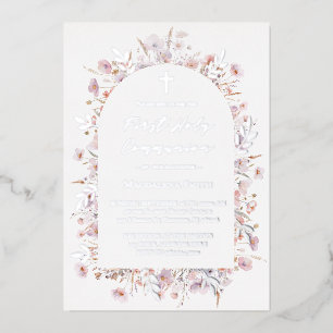 Invitation En Aluminium Première Sainte Communion fleurs sauvages argent
