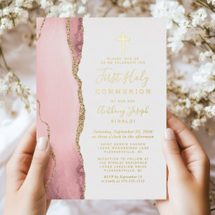 Invitation En Aluminium Première Sainte Communion Rose Pâle Agate Or
