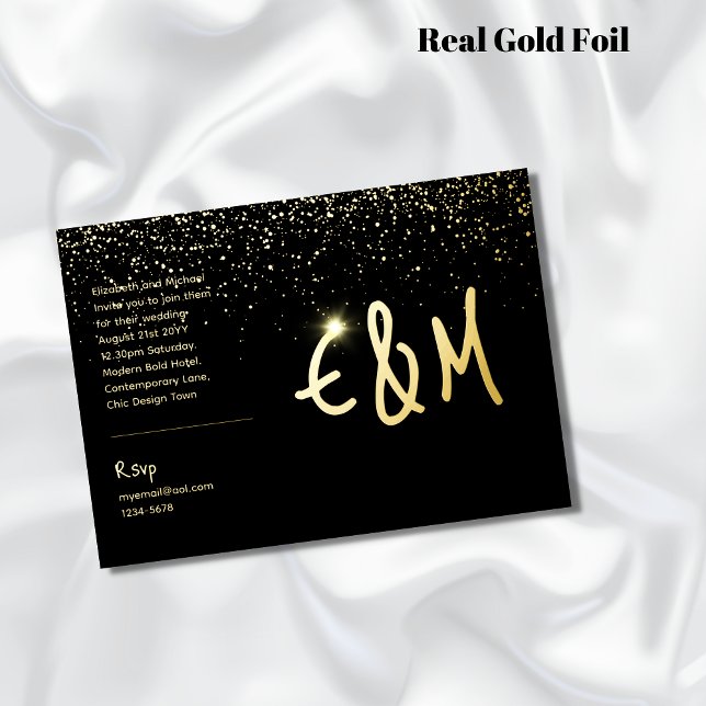 Invitation En Aluminium Premium Black Gold Monogramme Photo Leather Look F (Créateur téléchargé)