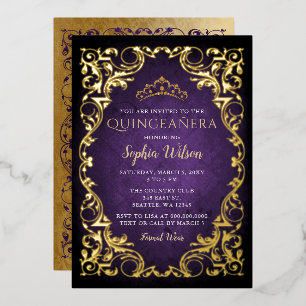 Invitation En Aluminium Princesse vintage en or violet Tiara Quinceañera