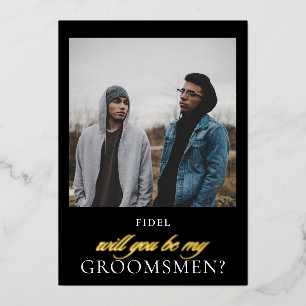 Invitation En Aluminium Projet moderne Black Gold Script Photo Groomsmsmen