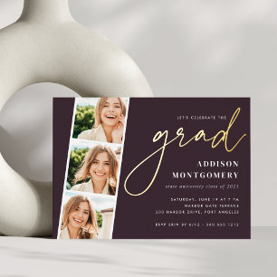Invitation En Aluminium Prune   Photo Strip Graduation Party Gold