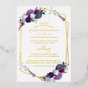 Invitation En Aluminium Purple Floral Script Mariage géométrique Or