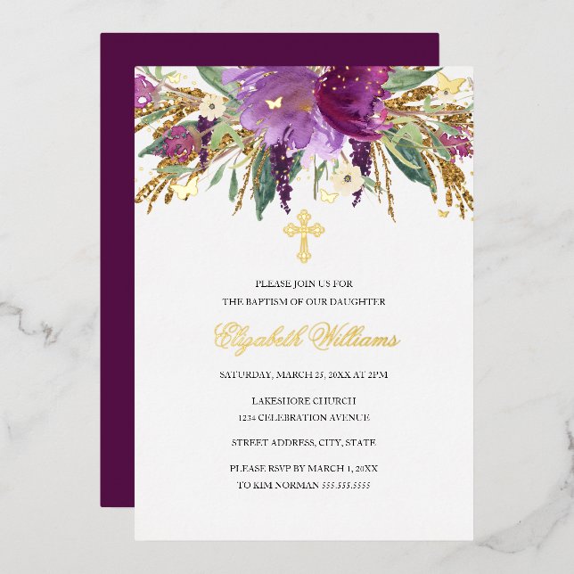 Invitation En Aluminium Purple Gold Améthyste Floral Girl Baptism Pile (Recto/Verso)