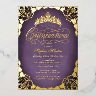 Invitation En Aluminium Purple Gold Elegant Script Rose Quinceanera