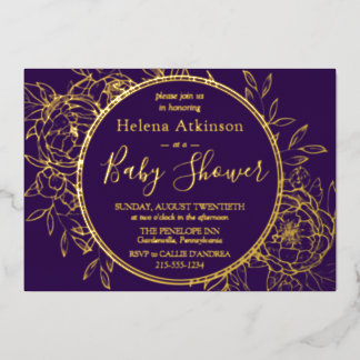 Invitation En Aluminium Purple & Gold Moderne Peony Toile Baby shower