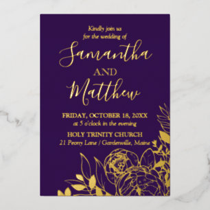 Invitation En Aluminium Purple & Gold Peony Mariage Floral moderne