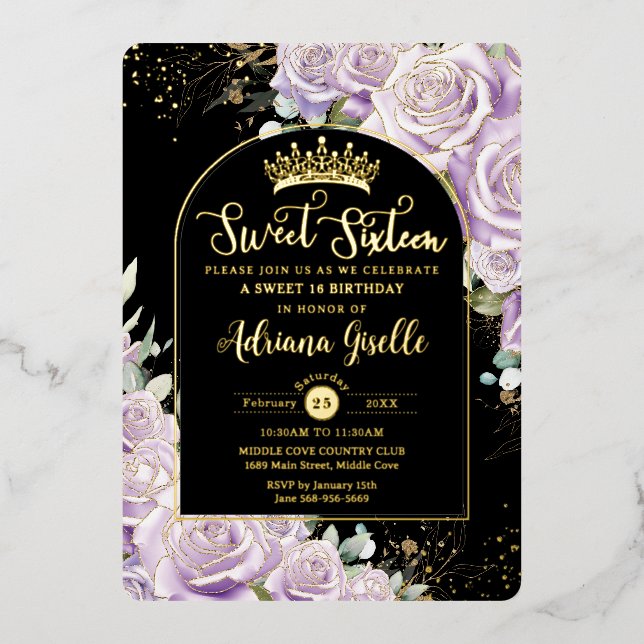 Invitation En Aluminium Purple Lilac Floral Black Gold Sweet 16 Anniversai (Recto)