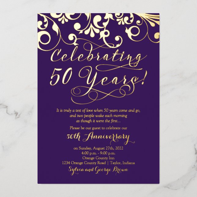 Invitation En Aluminium Purple Real Gold 50e anniversaire de Mariage (Recto)