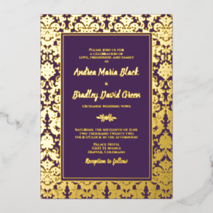 Invitation En Aluminium Purple Real Gold Foil Mariage damassé