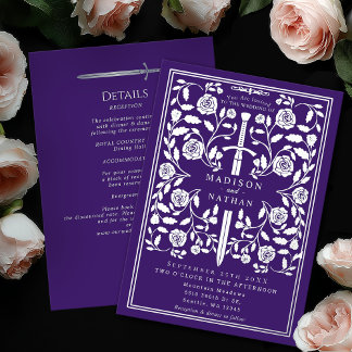 Invitation En Aluminium Purple Royal Medieval Silver Sword Wedding Details
