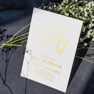 Invitation En Aluminium Quarante Écriture Feuille Chic 40e Anniversaire