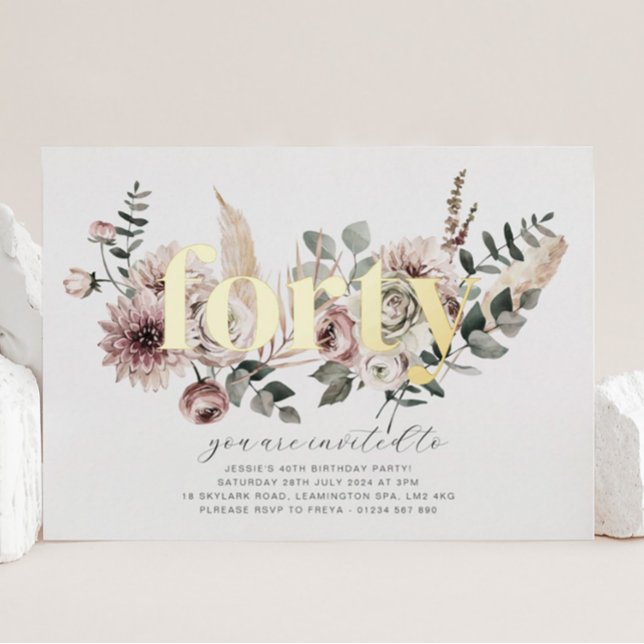 Invitation En Aluminium Quarante Florales - 40e Anniversaire - Or  (Créateur téléchargé)