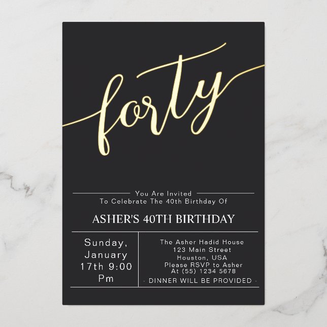 Invitation En Aluminium Quarante | Script moderne Black & Gold 40e anniver (Recto)