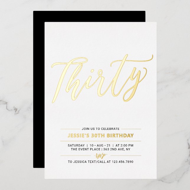 Invitation En Aluminium Quarante | Soirée moderne Gold & Black 30th Birthd (Recto/Verso)