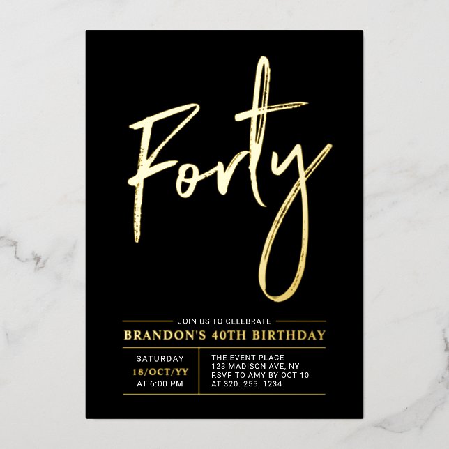Invitation En Aluminium Quarante | Soirée moderne Gold & Black 40th Birthd (Recto)