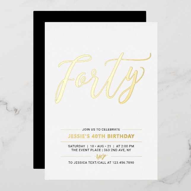 Invitation En Aluminium Quarante | Soirée moderne Gold & Black 40th Birthd (Recto/Verso)