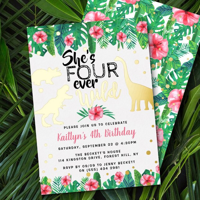 Invitation En Aluminium Quatre Dinosaures Filles sauvages 4 Anniversaire r (Créateur téléchargé)
