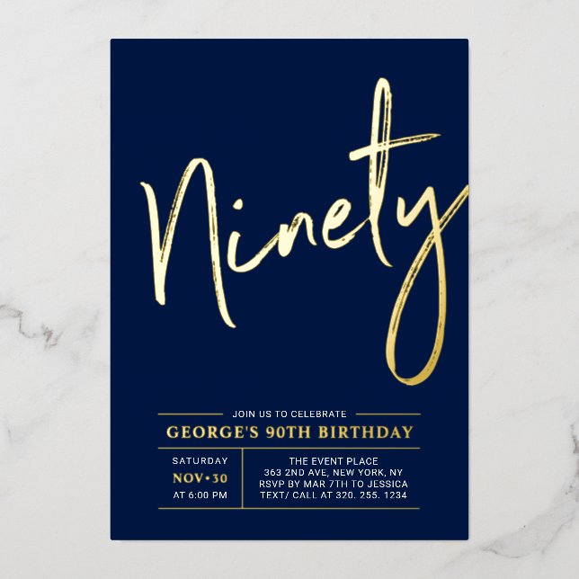 Invitation En Aluminium Quatre-vingts | Modern Gold Navy 90e fête d'annive (Recto)
