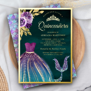 Invitation En Aluminium Queue de sirène sarcelle violette foncé Quinceaner