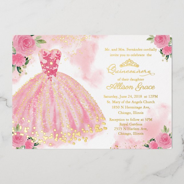 Invitation En Aluminium Quinceanera à fleurs roses chaudes (Recto)