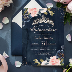Invitation En Aluminium Quinceanera aquarelle or rose Navy