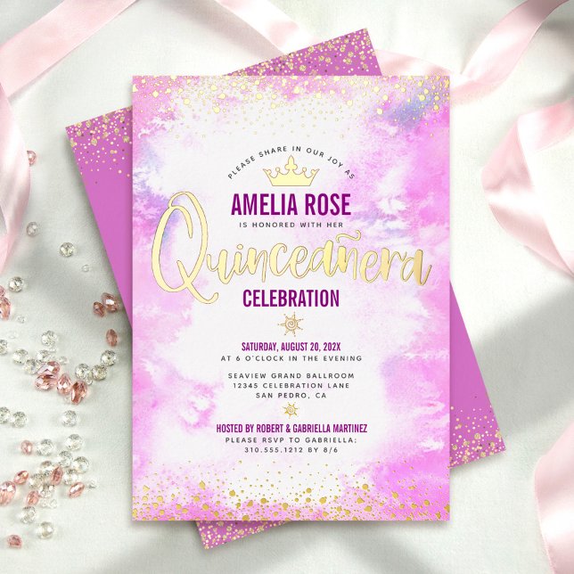 Invitation En Aluminium Quinceañera Aquarelle rose Fille Couronne or réel (Créateur téléchargé)