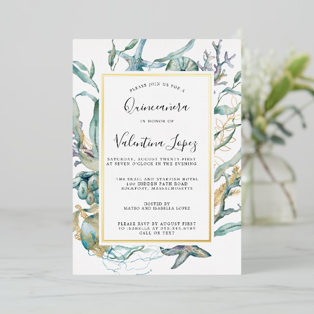 Invitation En Aluminium Quinceanera botanique sous-marine de mer tropicale (Debout devant)