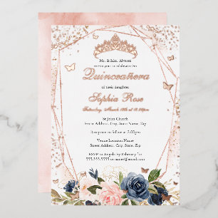 Invitation En Aluminium Quinceanera de la marine rose florale papillon