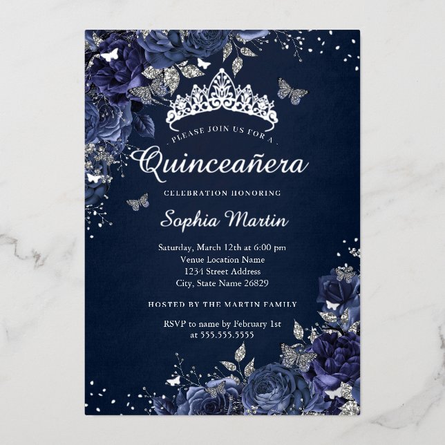 Invitation En Aluminium Quinceanera de la Marine royale florale papillon (Recto)