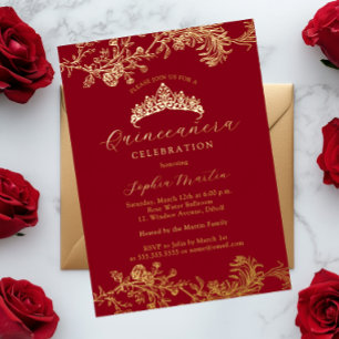 Invitation En Aluminium Quinceanera élégante vintage rouge or
