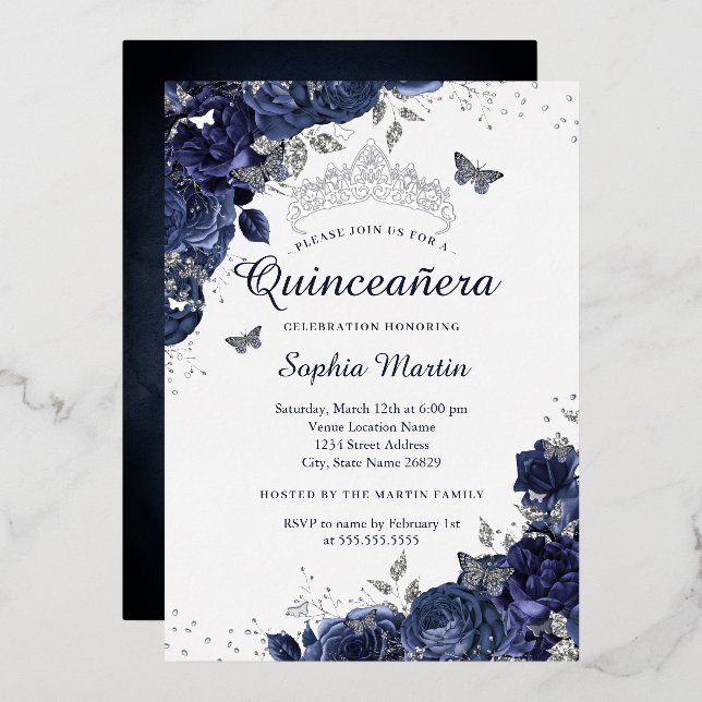 Invitation En Aluminium Quinceanera en argent de la marine à papillon (Recto/Verso)