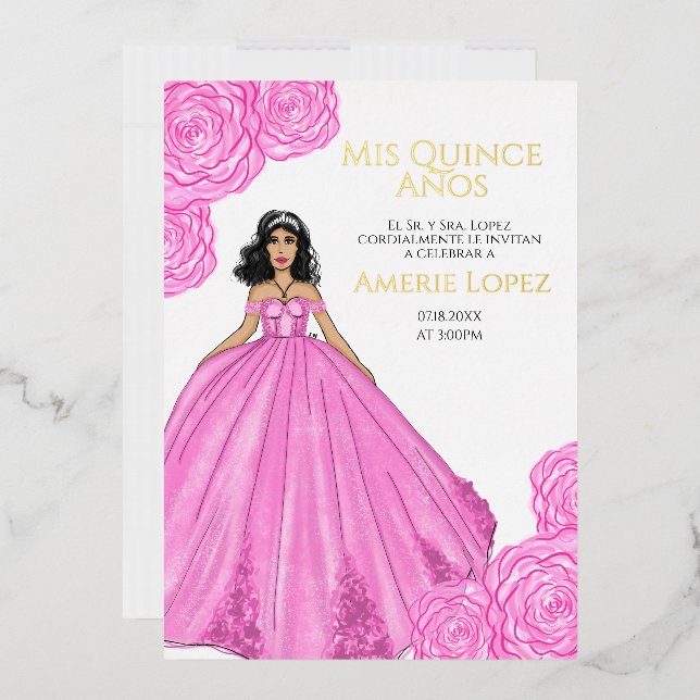Invitation En Aluminium Quinceanera en espagnol rose (Enveloppe)