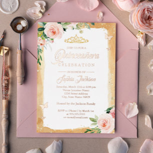 Invitation En Aluminium Quinceanera en or rose éperon floral Tiara