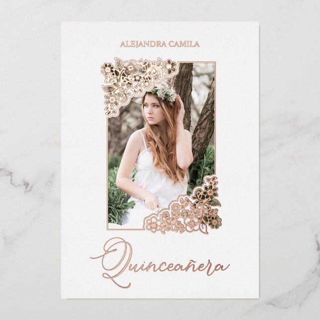 Invitation En Aluminium Quinceañera Espagne Romantique Floral Frame Photo (Recto)