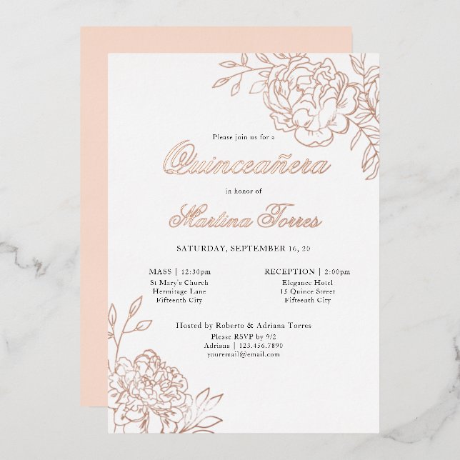 Invitation En Aluminium Quinceanera et Masse Elégant Rose Botanique Or (Recto/Verso)