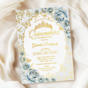 Invitation En Aluminium Quinceanera Fleur Bleu Bébé Or