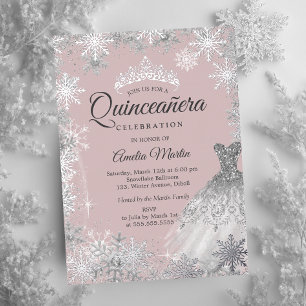 Invitation En Aluminium Quinceañera Fleur de Neige Rose Poussière d'Argent