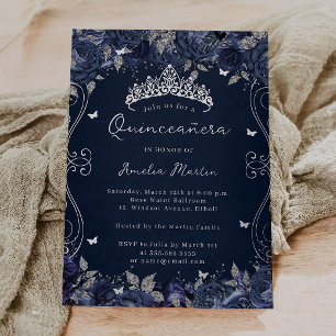 Invitation En Aluminium Quinceanera Fleurie Défilement Argent Marine 