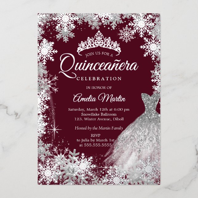 Invitation En Aluminium Quinceanera, flocon de neige de l'hiver de Bourgog (Recto)