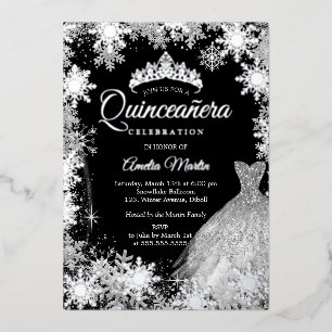 Invitation En Aluminium Quinceañera Flocon de Neige Noir Argenté d'Hiver