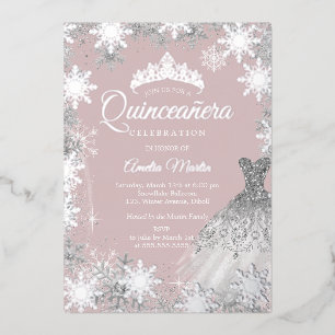 Invitation En Aluminium Quinceanera, flocon de neige rose pâle en hiver