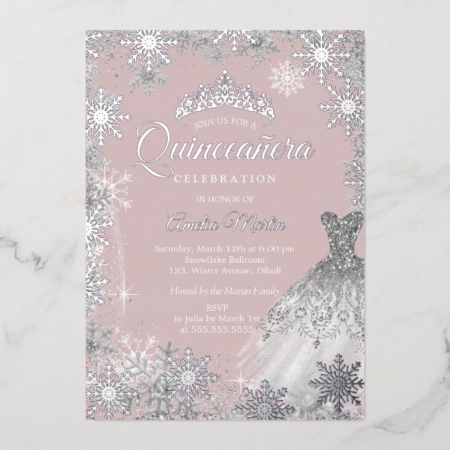 Invitation En Aluminium Quinceanera, flocon de neige rose pâle en hiver (Recto)