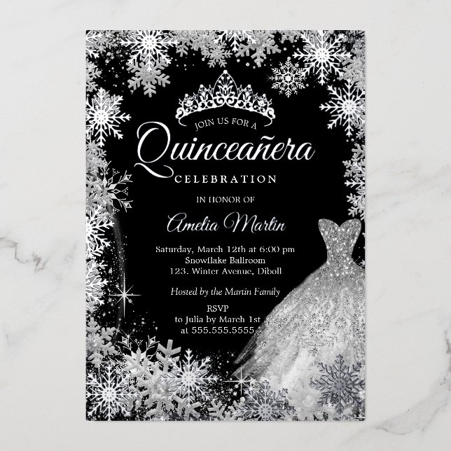 Invitation En Aluminium Quinceanera, flocon d'hiver noir en argent (Recto)