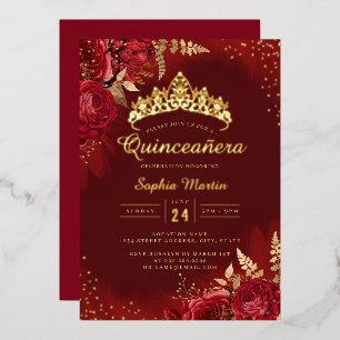 Invitation En Aluminium Quinceanera Floral Or Rouge