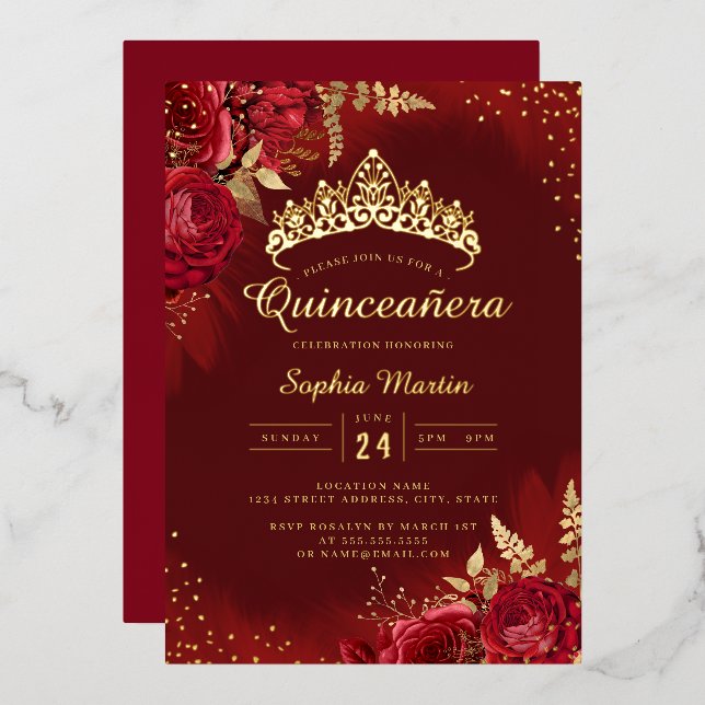 Invitation En Aluminium Quinceanera Floral Or Rouge (Recto/Verso)